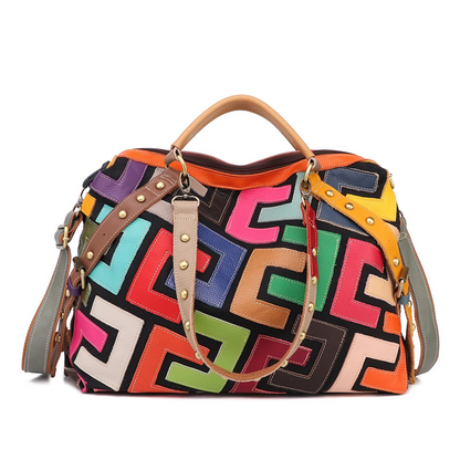 Geometric Multi-Color Shoulder Crossbody Women’s Leather Patchwork Bag