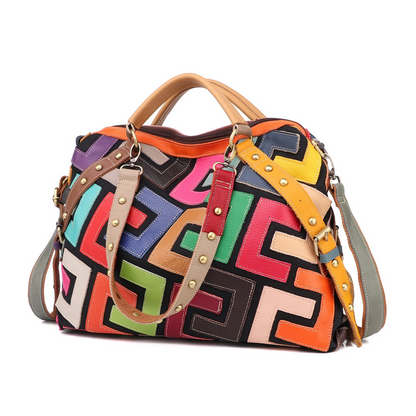 Geometric Multi-Color Shoulder Crossbody Women’s Leather Patchwork Bag