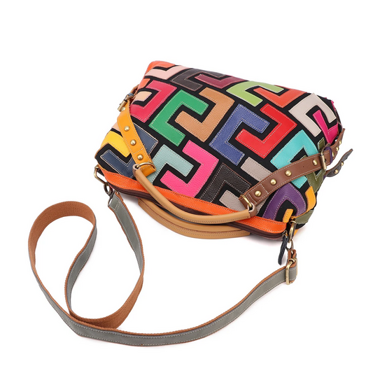 Geometric Multi-Color Shoulder Crossbody Women’s Leather Patchwork Bag