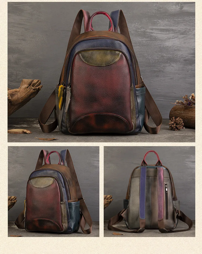 Genuine Leather Patchwork Backpack  Women’s Retro Large Capacity Bag