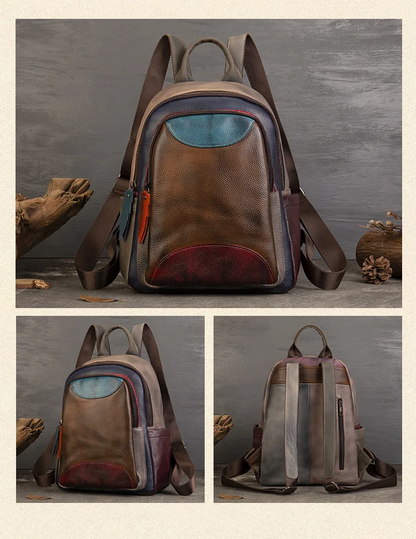 Genuine Leather Patchwork Backpack  Women’s Retro Large Capacity Bag