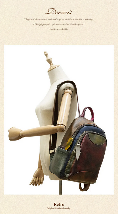 Genuine Leather Patchwork Backpack  Women’s Retro Large Capacity Bag