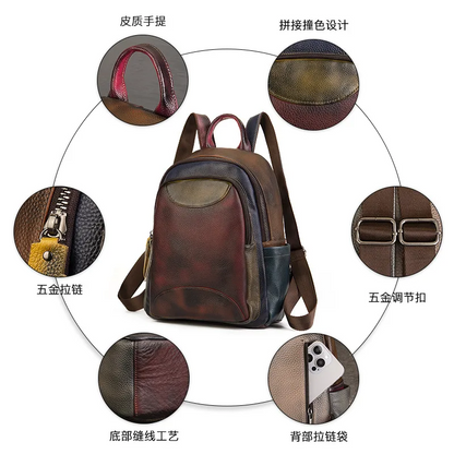 Genuine Leather Patchwork Backpack  Women’s Retro Large Capacity Bag
