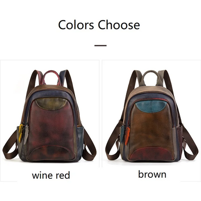 Genuine Leather Patchwork Backpack  Women’s Retro Large Capacity Bag