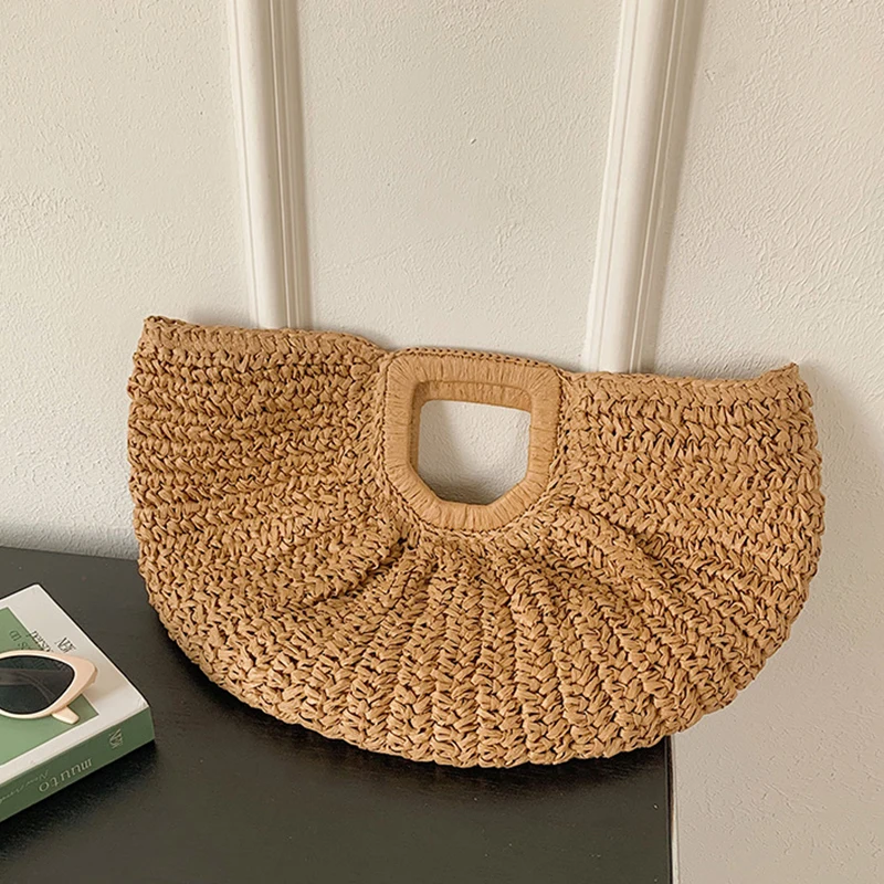 Boho Half-Moon Straw Bag Handmade Rattan