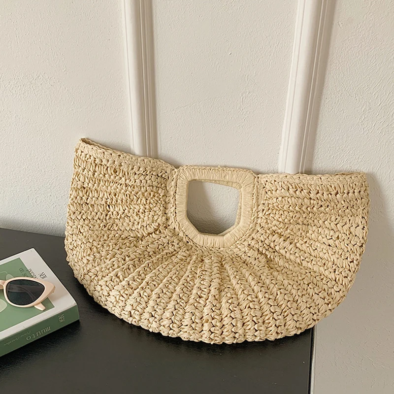 Boho Half-Moon Straw Bag Handmade Rattan
