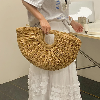 Boho Half-Moon Straw Bag Handmade Rattan
