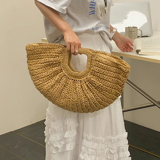 Boho Half-Moon Straw Bag Handmade Rattan