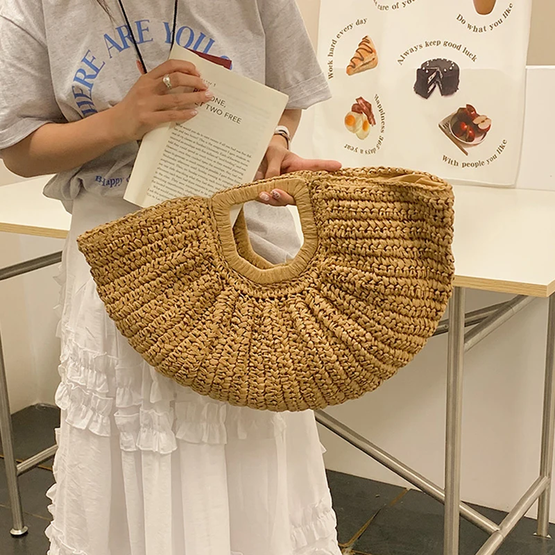 Boho Half-Moon Straw Bag Handmade Rattan