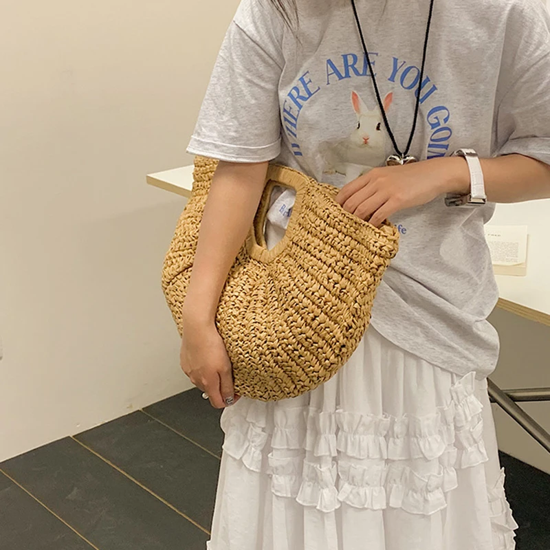 Boho Half-Moon Straw Bag Handmade Rattan