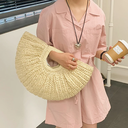Boho Half-Moon Straw Bag Handmade Rattan
