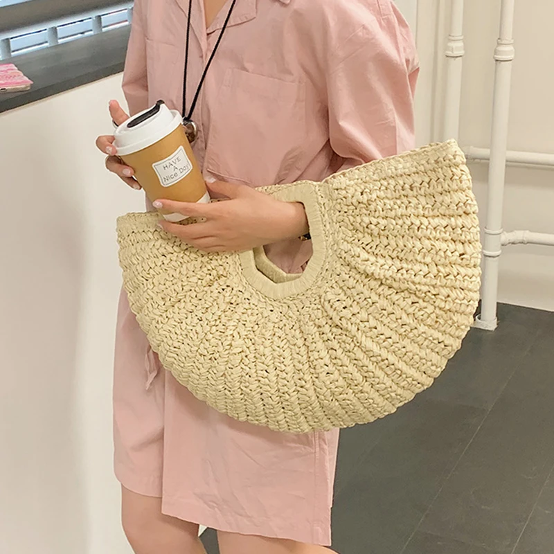 Boho Half-Moon Straw Bag Handmade Rattan