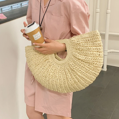 Boho Half-Moon Straw Bag Handmade Rattan