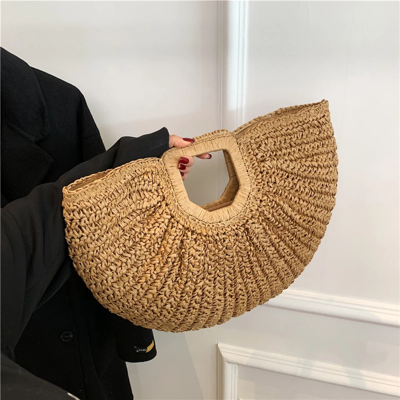 Boho Half-Moon Straw Bag Handmade Rattan