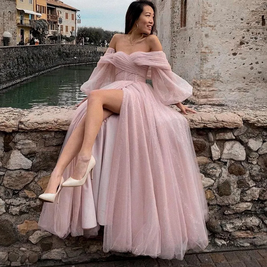 Women’s Luxury Pink Shiny Tulle Off Shoulder Evening Gown