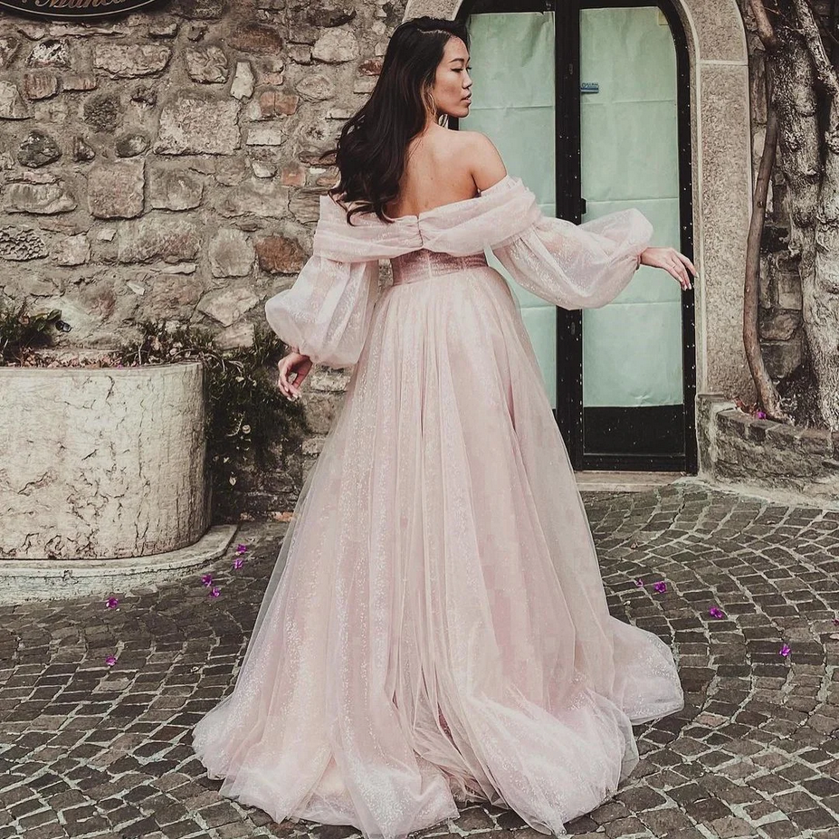 Women’s Luxury Pink Shiny Tulle Off Shoulder Evening Gown