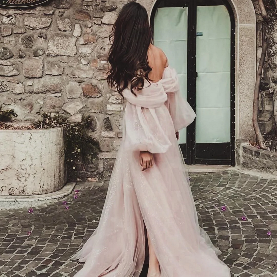 Women’s Luxury Pink Shiny Tulle Off Shoulder Evening Gown