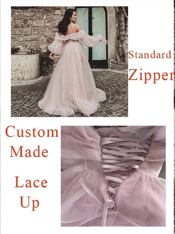 Women’s Luxury Pink Shiny Tulle Off Shoulder Evening Gown