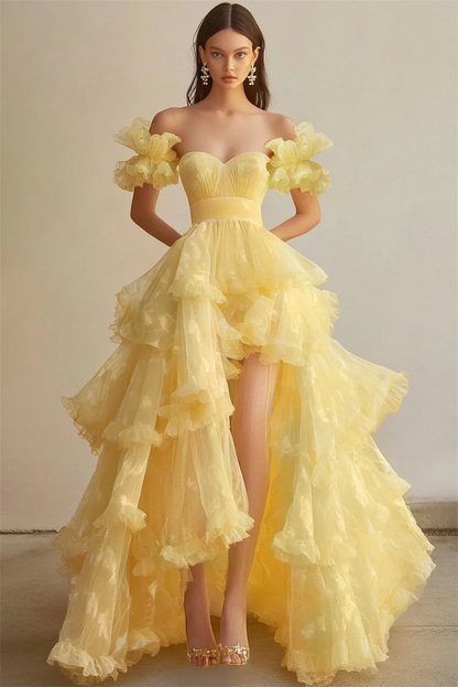 Elegant Yellow Ruffle Tiered Evening Gown Sweetheart Neck