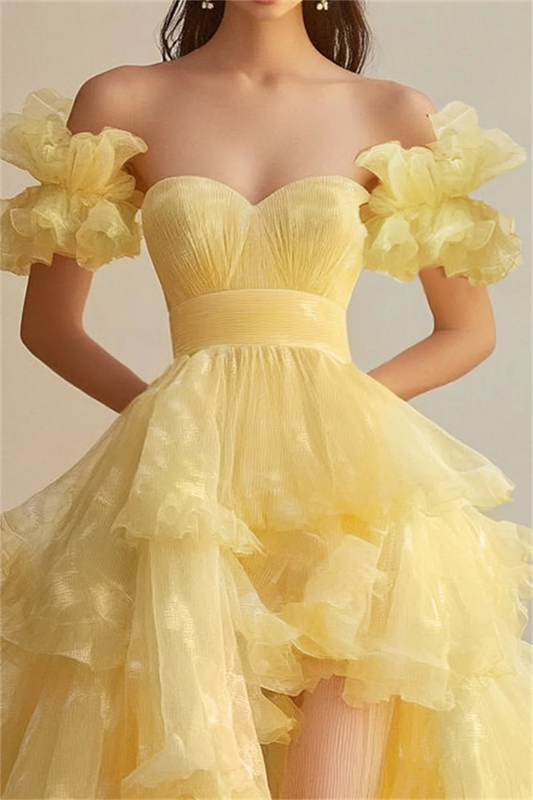 Elegant Yellow Ruffle Tiered Evening Gown Sweetheart Neck