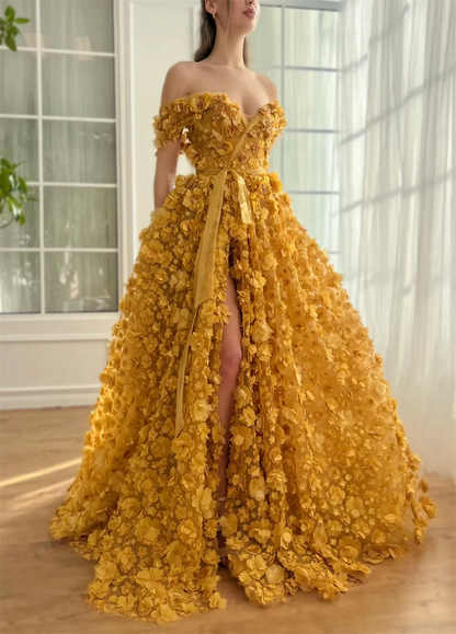 Elegant Yellow Ruffle Tiered Evening Gown