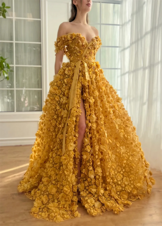 Elegant Yellow Ruffle Tiered Evening Gown