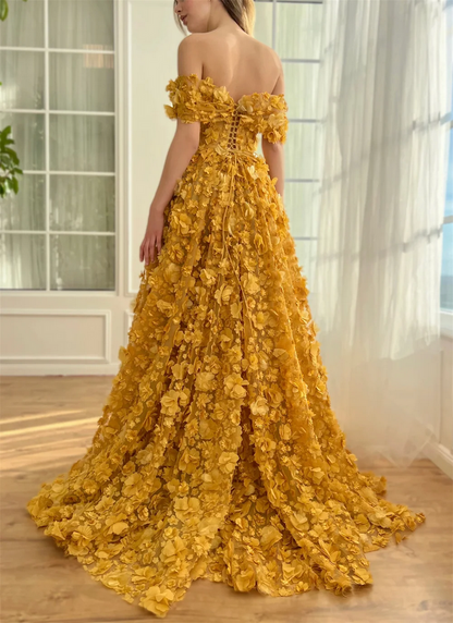 Elegant Yellow Ruffle Tiered Evening Gown