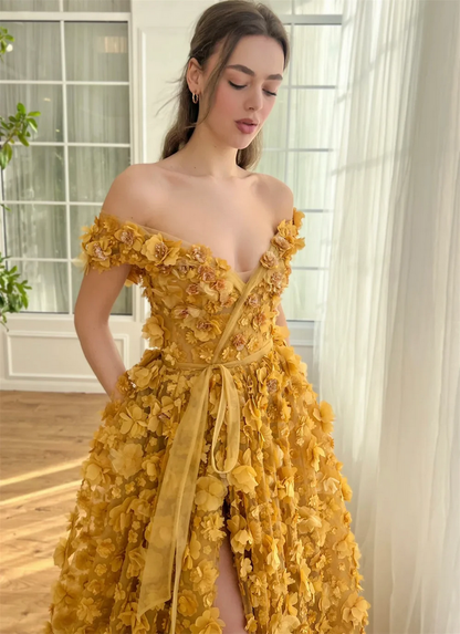 Elegant Yellow Ruffle Tiered Evening Gown