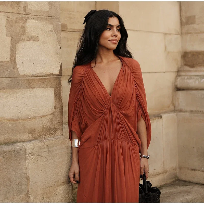 Women’s Orange Long Dress Pleated V-Neck with Batwing Sleeves