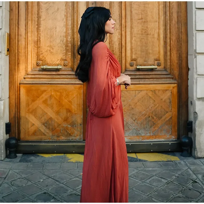 Women’s Orange Long Dress Pleated V-Neck with Batwing Sleeves