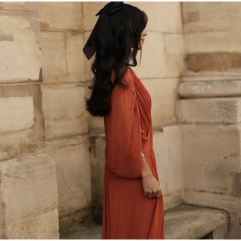 Women’s Orange Long Dress Pleated V-Neck with Batwing Sleeves