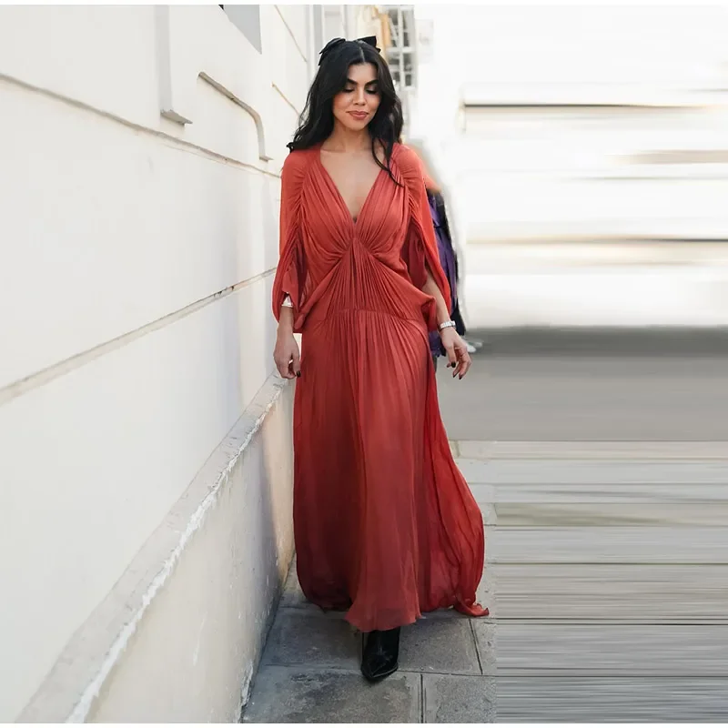 Women’s Orange Long Dress Pleated V-Neck with Batwing Sleeves