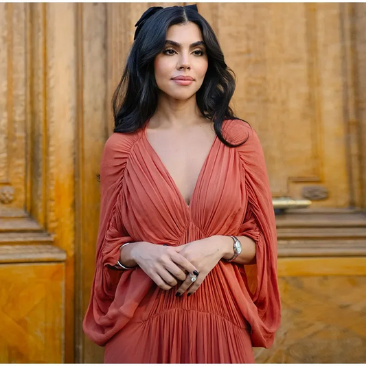 Women’s Orange Long Dress Pleated V-Neck with Batwing Sleeves