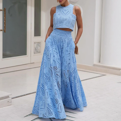 Women’s Embroidered Two-Piece Suit Elegant Lace Vest Top & Max