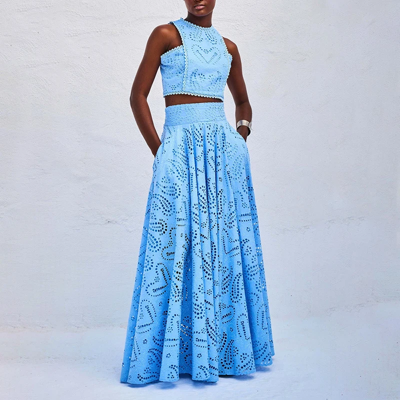 Women’s Embroidered Two-Piece Suit Elegant Lace Vest Top & Max