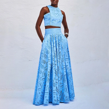 Women’s Embroidered Two-Piece Suit Elegant Lace Vest Top & Max