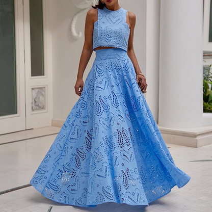 Women’s Embroidered Two-Piece Suit Elegant Lace Vest Top & Max