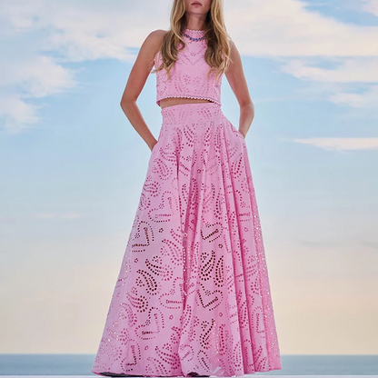 Women’s Embroidered Two-Piece Suit Elegant Lace Vest Top & Max