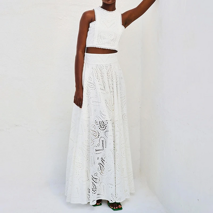 Women’s Embroidered Two-Piece Suit Elegant Lace Vest Top & Max