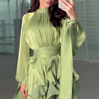 Casual High Collar Pleated Dress Layered Style