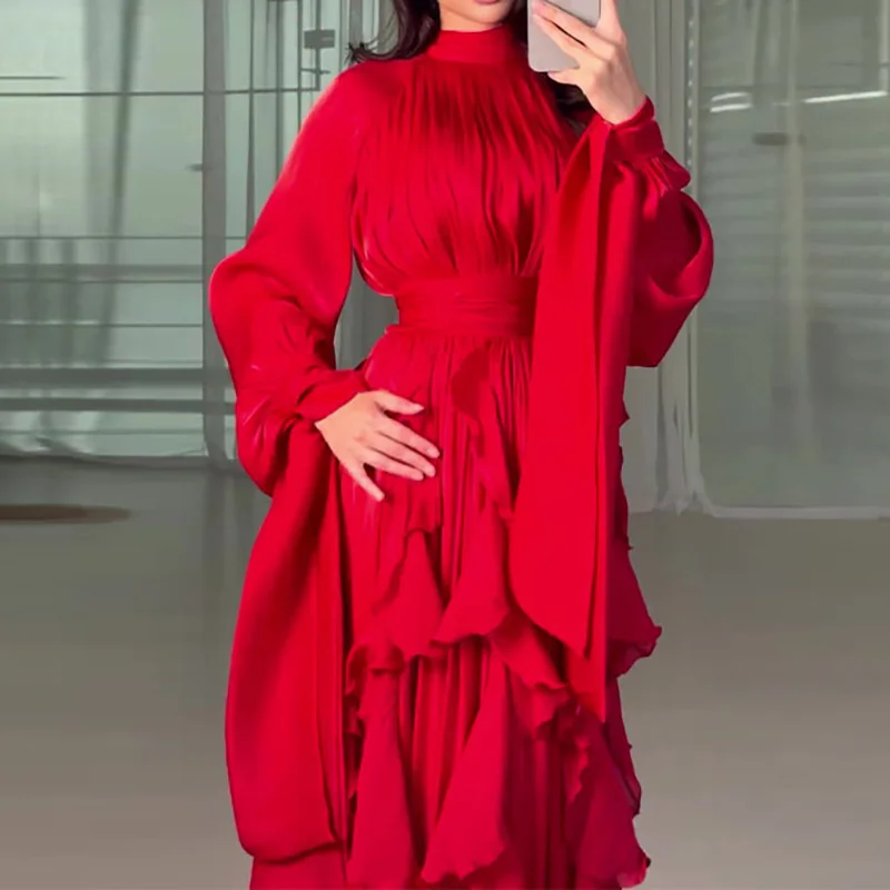 Casual High Collar Pleated Dress Layered Style