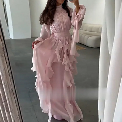 Casual High Collar Pleated Dress Layered Style