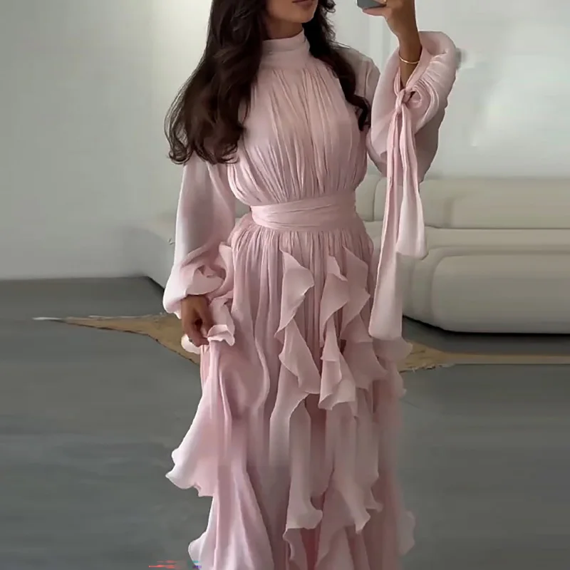 Casual High Collar Pleated Dress Layered Style