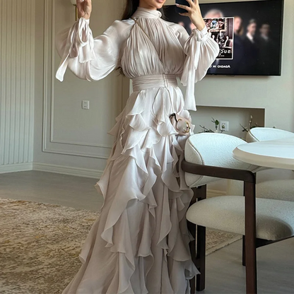 Casual High Collar Pleated Dress Layered Style