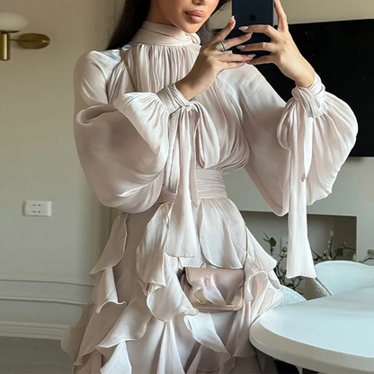 Casual High Collar Pleated Dress Layered Style