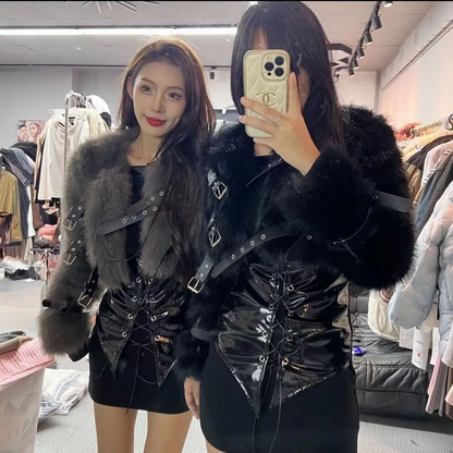 Autumn Winter Women’s Faux Fur Coat Stylish Patchwork Lace-Up Short Jacket