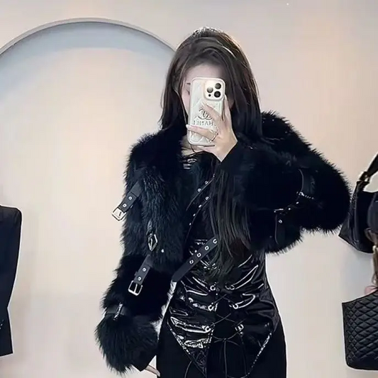 Autumn Winter Women’s Faux Fur Coat Stylish Patchwork Lace-Up Short Jacket