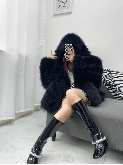 Stylish Women’s Faux Fur Jacket Autumn Winter Hooded Outerwear