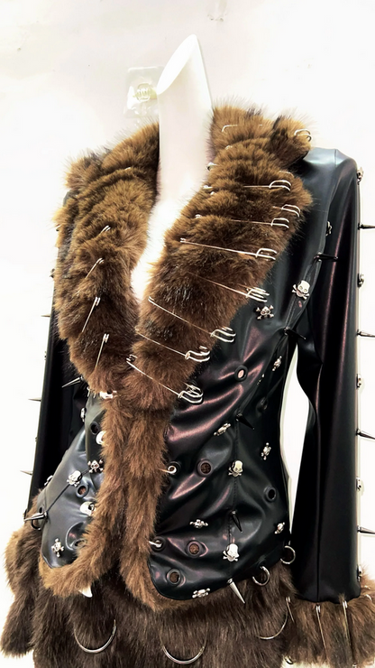 Gothic Punk Faux Fur Studded Black Skull Leather Coat