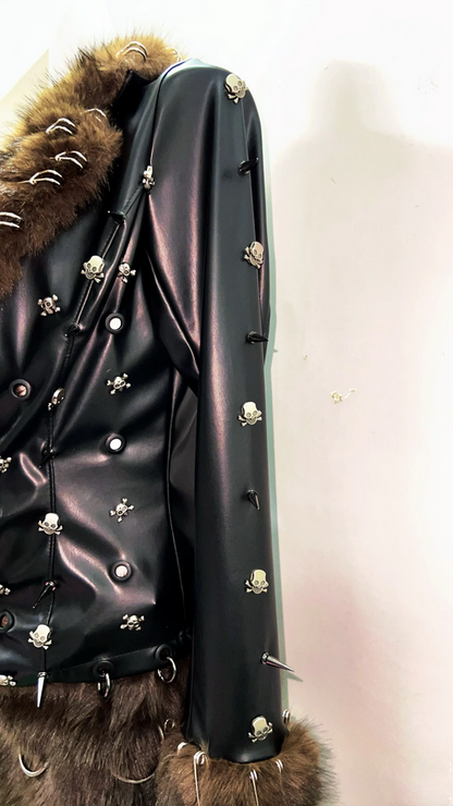 Gothic Punk Faux Fur Studded Black Skull Leather Coat